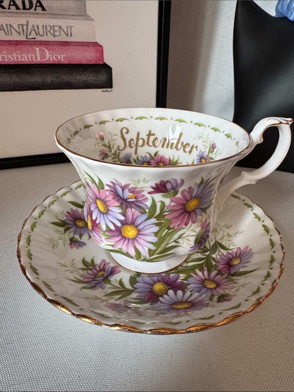 Royal Albert Pink and Lavender Floral 'September' Teacup & Saucer Bone China